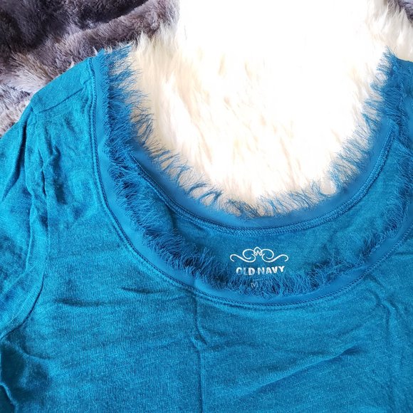Teal Blue Crew Neck 1/2 Sleeve Tee with Fringe Detail Collar - Size M - Picture 3 of 4